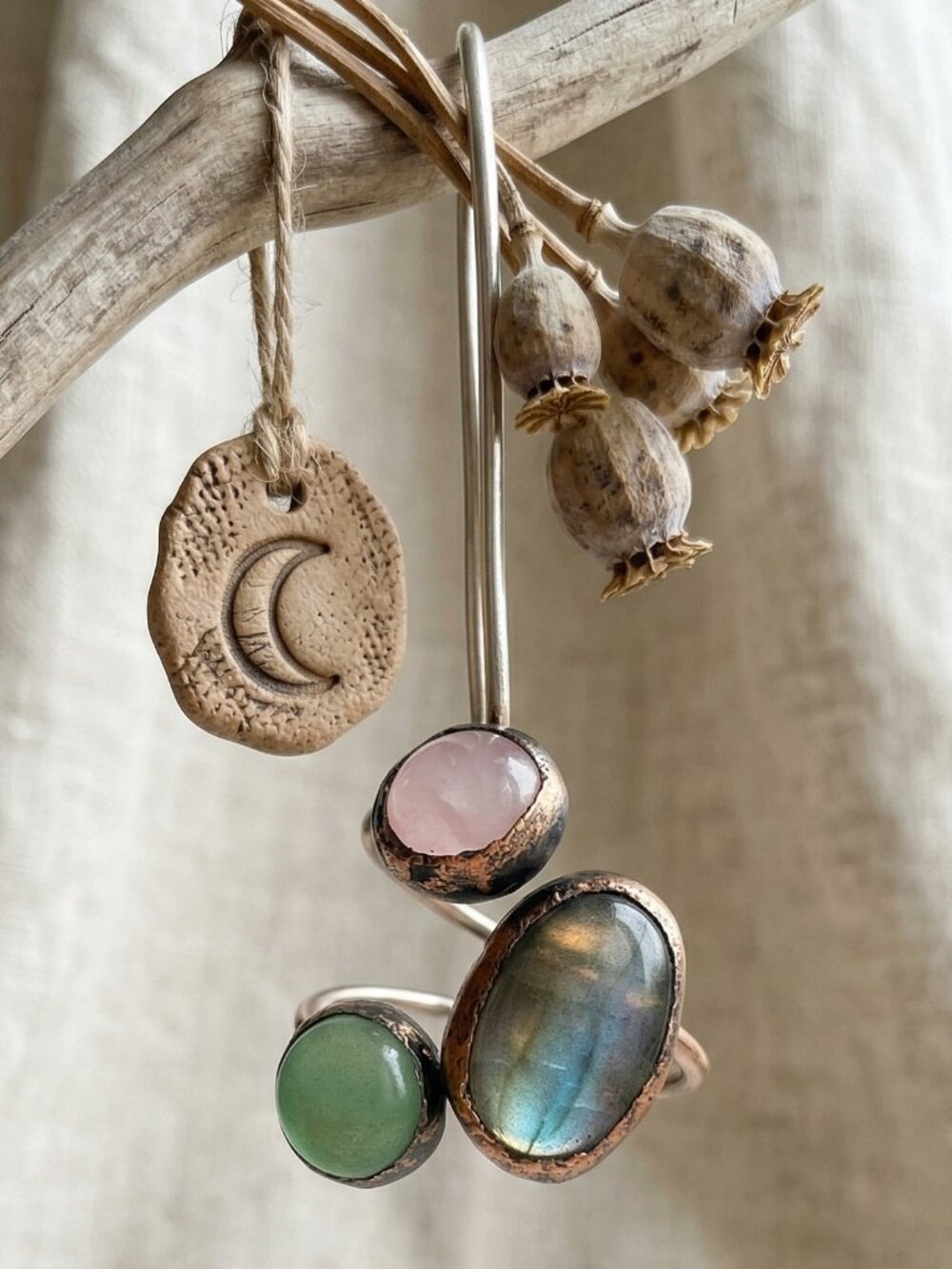 Boho Copper Ring Rose Quartz Aventurine Labradorite Adjustable Healing Crystal - Picture 9 of 15